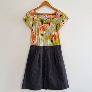 Tabitha Anthropologie Silk Floral Cotton Button Front Dress Grey Multi Size 10
